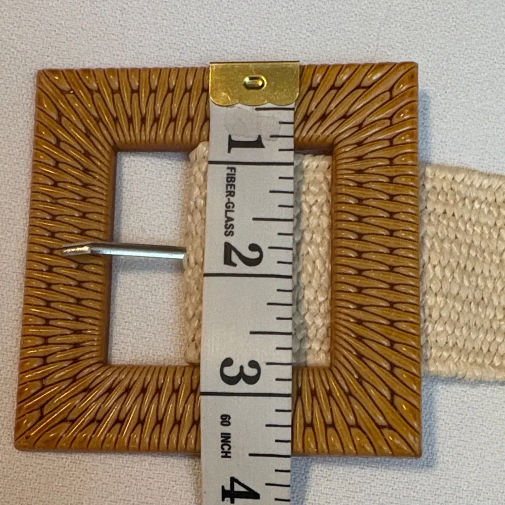 Woven Cream Wide Women’s Belt with Brown Woven Straw-Look Buckle